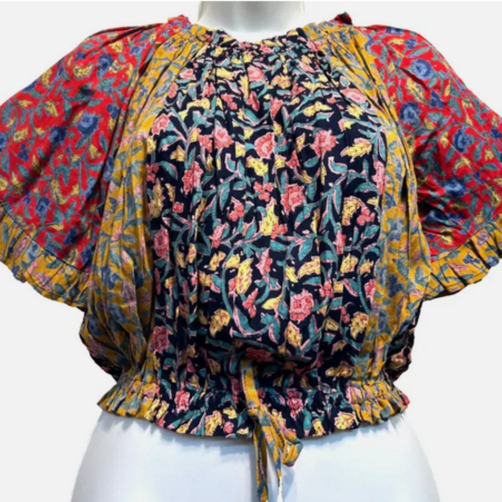 Nwt SACRED THREADS boho hippie floral patch smocked rayon crop TOP L